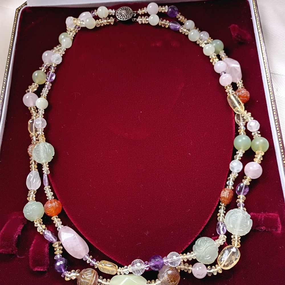 Celadon Jade Multi Gemstone Asian Vintage Necklace Spring Colors Double Strand